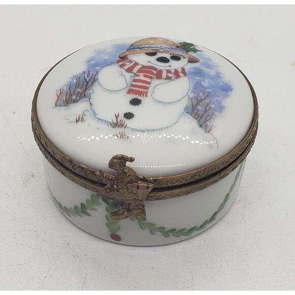 Vintage Limoges Porcelain Trinket Jewelry Box Snowman Holly Christmas Hand Paint - Picture 7 of 14